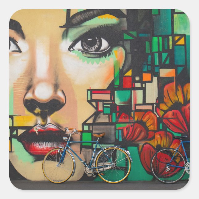 Pegatina Cuadrada Bicicletas en la pared del graffiti (Anverso)