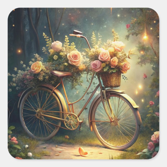 Pegatina Cuadrada Bicycle and Flowers (Anverso)