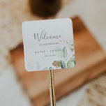 Pegatina Cuadrada Bienvenida a Airy Greenery y al Boda Gold Leaf<br><div class="desc">Estos amplios pegatinas verdes y bodas dorados son perfectos para un boda moderno. El elegante diseño botánico presenta un eucalipto de acuarela clara y aireado, acentuado con hojas de purpurina dorada. Personalice estos pegatinas con la ubicación de su boda, nombres y fecha de boda. Estas etiquetas son perfectas para bodas...</div>