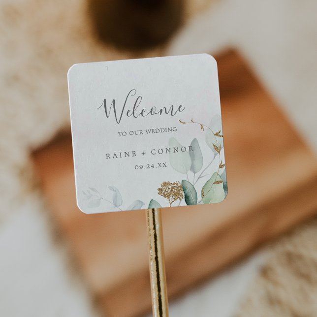 Pegatina Cuadrada Bienvenida a Airy Greenery y al Boda Gold Leaf (Subido por el creador)