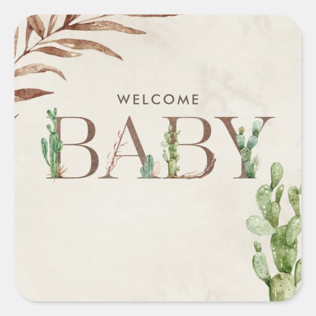 Pegatina Cuadrada Bienvenida a Baby Cactus Leather Baby Shower (Anverso)