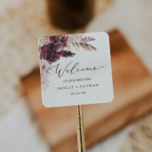 Pegatina Cuadrada Bienvenida a Boda de Grass Boho Pampas