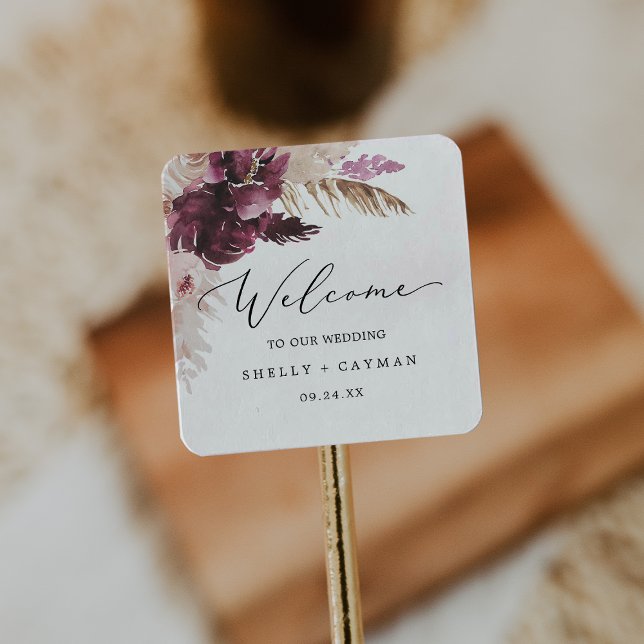 Pegatina Cuadrada Bienvenida a Boda de Grass Boho Pampas (Subido por el creador)