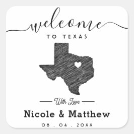 Pegatina Cuadrada Bienvenida a Boda de mapas Minimalistas de Texas