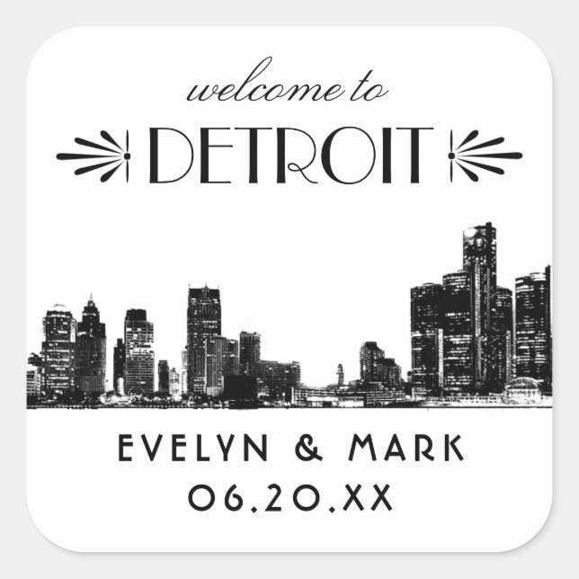 Pegatina Cuadrada Bienvenida a Boda Detroit Skyline Black Art Deco (Anverso)