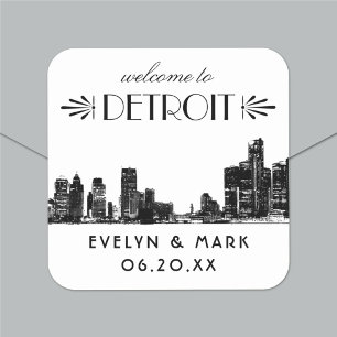 Pegatina Cuadrada Bienvenida a Boda Detroit Skyline Black Art Deco