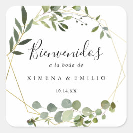 Pegatina Cuadrada Bienvenida a Boda español de hojas verdes tropical