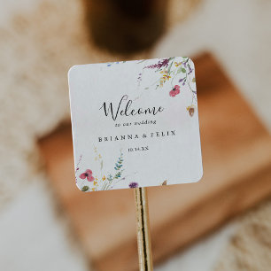 Pegatina Cuadrada Bienvenida a Boda Floral Silvestre Clásico Colorid
