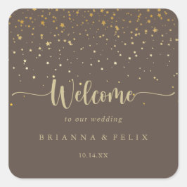 Pegatina Cuadrada Bienvenida a Boda Gold Confetti Brown