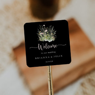 Pegatina Cuadrada Bienvenida a Boda negro de flores verdes Boho Wild