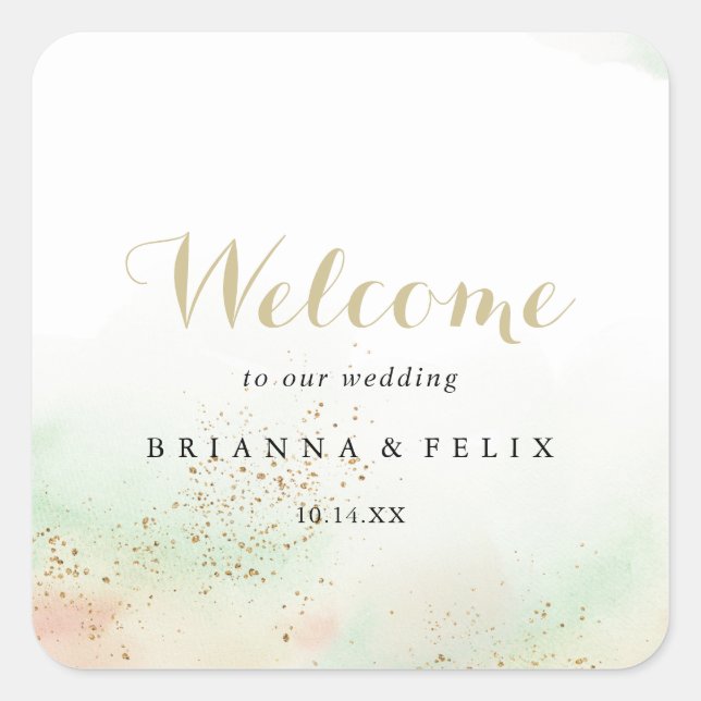 Pegatina Cuadrada Bienvenida a Boda Watercolor Gold Confetti (Anverso)