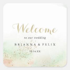 Pegatina Cuadrada Bienvenida a Boda Watercolor Gold Confetti