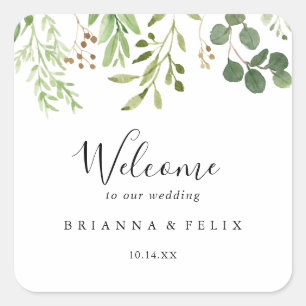 Pegatina Cuadrada Bienvenida a Eucalyptus Boda Floral Marrón Simple