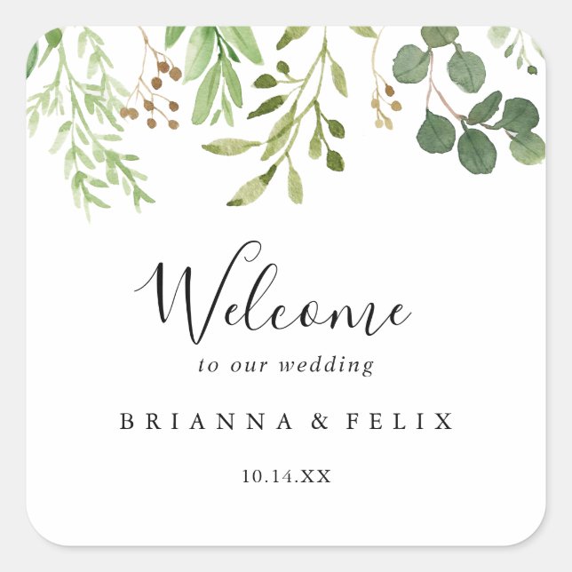 Pegatina Cuadrada Bienvenida a Eucalyptus Boda Floral Marrón Simple (Anverso)