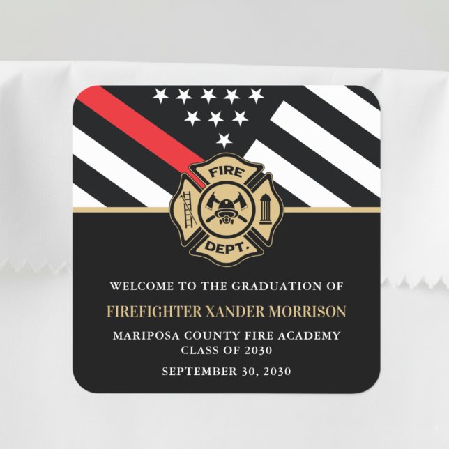 Pegatina Cuadrada Bienvenida a la fiesta de graduación de la Academi (Firefighter Fire Academy Graduation Party Welcome Square Sticker)