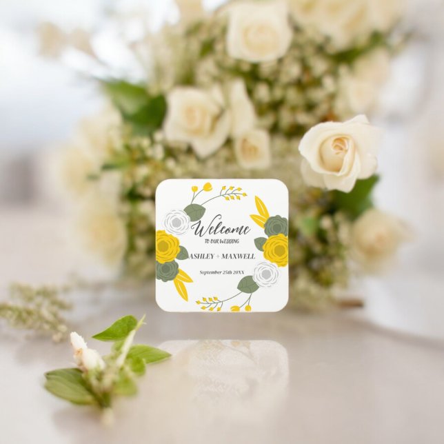 Pegatina Cuadrada Bienvenida a tema floral (Floral Wedding party theme sticker,birthday party sticker,gift pack,envelope,return gift sticker)