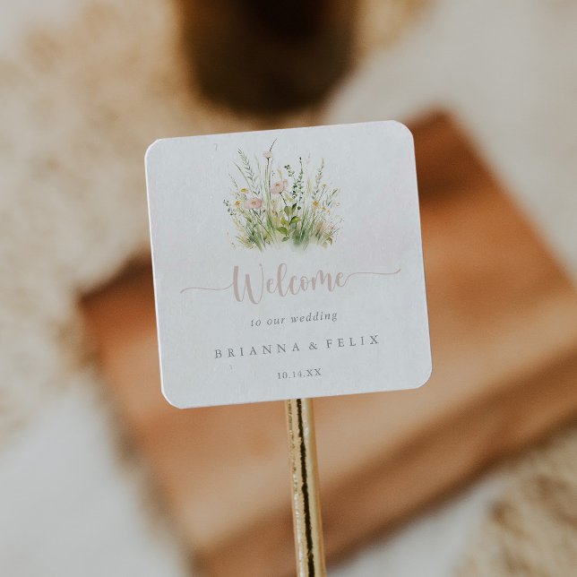 Pegatina Cuadrada Bienvenida al Boda de Greenery Boho Wildflower (Subido por el creador)