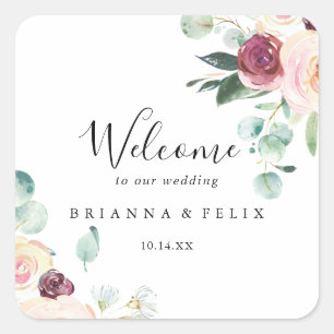 Pegatina Cuadrada Bienvenida al Boda floral contemporáneo Eucalyptus