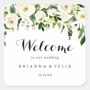 Pegatina Cuadrada Bienvenida al Boda floral de otoño blanco