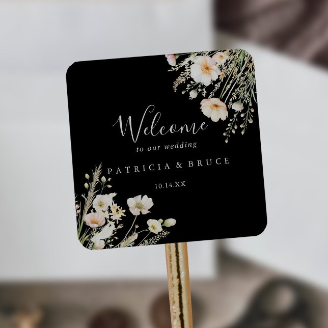 Pegatina Cuadrada Bienvenida al Boda negro de flores silvestres de R (Subido por el creador)