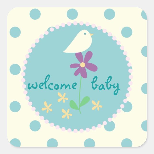 Pegatina Cuadrada Bienvenida Baby Shower Blue Dot White Bird (Anverso)