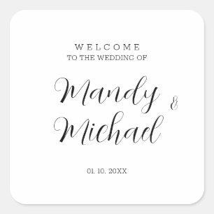 Pegatina Cuadrada Bienvenida Boda de caligrafía moderna minimalista