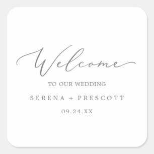 Pegatina Cuadrada Bienvenida Boda de caligrafía plateada Delicada