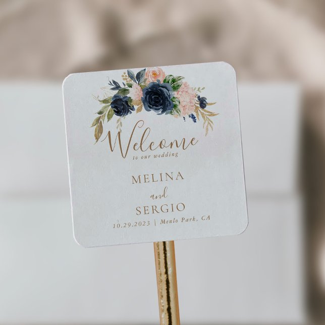 Pegatina Cuadrada Bienvenida Boda de flores rosadas azules de oro (Subido por el creador)