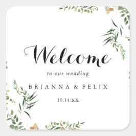 Pegatina Cuadrada Bienvenida Boda del Foliage Tropical Gold Green