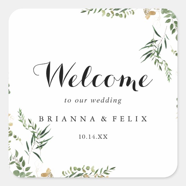 Pegatina Cuadrada Bienvenida Boda del Foliage Tropical Gold Green (Anverso)