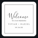Pegatina Cuadrada Bienvenida Boda minimalista<br><div class="desc">Estos minimalistas pegatinas de bienvenida bodas son perfectos para un simple boda. El moderno diseño romántico presenta una tipografía clásica en blanco y negro, acompañada de una caligrafía rústica y elegante con un estilo de letra a mano vintage. Personalizable de cualquier color. Mantenga el diseño simple y elegante, tal como...</div>