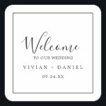 Pegatina Cuadrada Bienvenida Boda minimalista<br><div class="desc">Estos minimalistas pegatinas de bienvenida bodas son perfectos para un simple boda. El moderno diseño romántico presenta una tipografía clásica en blanco y negro, acompañada de una caligrafía rústica y elegante con un estilo de letra a mano vintage. Personalizable de cualquier color. Mantenga el diseño simple y elegante, tal como...</div>