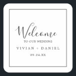 Pegatina Cuadrada Bienvenida Boda minimalista<br><div class="desc">Estos minimalistas pegatinas de bienvenida bodas son perfectos para un simple boda. El moderno diseño romántico presenta una tipografía clásica en blanco y negro, acompañada de una caligrafía rústica y elegante con un estilo de letra a mano vintage. Personalizable de cualquier color. Mantenga el diseño simple y elegante, tal como...</div>