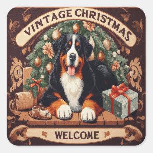 Pegatina Cuadrada Bienvenida de perro de montaña Bernese de Navidad 