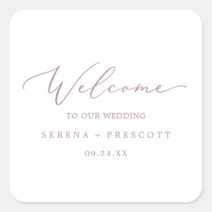 Pegatina Cuadrada Bienvenida Delicada Rosa Gold Caligraphy Boda