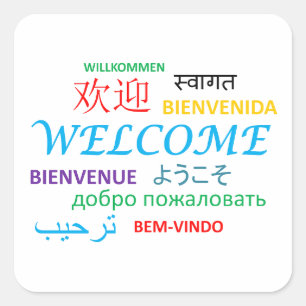 Pegatina Cuadrada Bienvenida en diferentes idiomas Willkommen Bienve