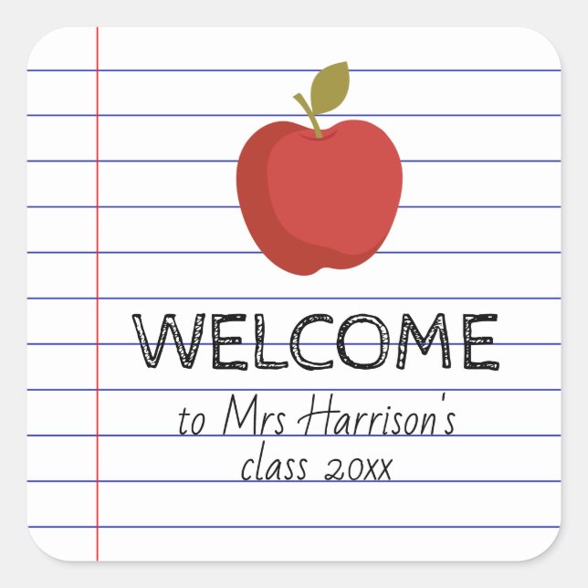 Pegatina Cuadrada Bienvenido a mi clase Apple de vuelta a la escuela (Anverso)