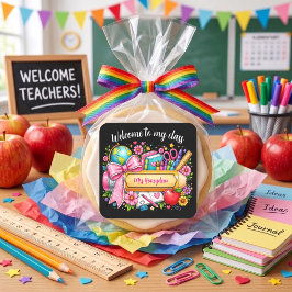 Pegatina Cuadrada Bienvenido a mi clase fuente rosa profesor lápiz