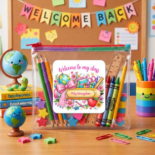 Pegatina Cuadrada Bienvenido a mi clase fuente rosa profesor lápiz