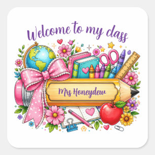 Pegatina Cuadrada Bienvenido a mi clase profesor personalizado lápiz
