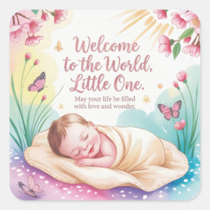 Pegatina Cuadrada "Bienvenido al Mundo" Tarjeta de Felicitación para