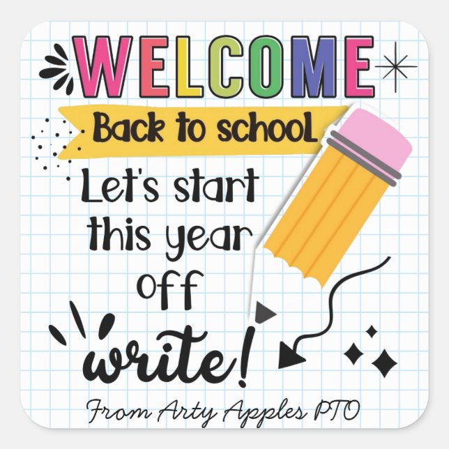 Pegatina Cuadrada bienvenido de vuelta a la escuela (Anverso)