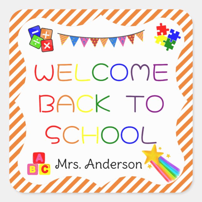 Pegatina Cuadrada Bienvenido de vuelta al colegio, primer día, Pegat (Anverso)