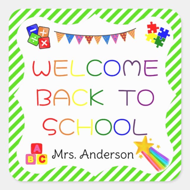 Pegatina Cuadrada Bienvenido de vuelta al colegio, primer día, Pegat (Anverso)