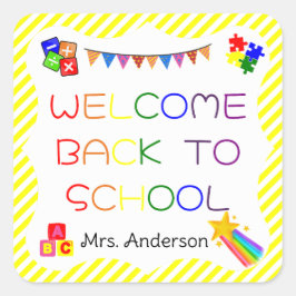 Pegatina Cuadrada Bienvenido de vuelta al colegio, primer día, Pegat