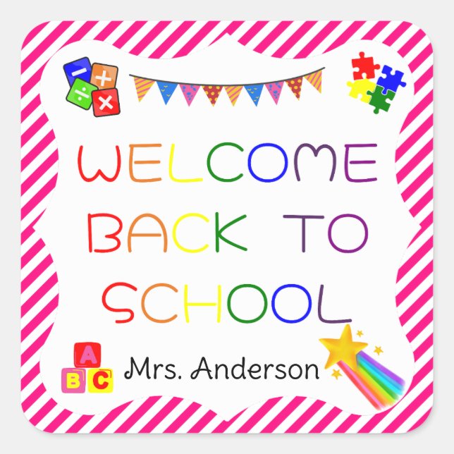 Pegatina Cuadrada Bienvenido de vuelta al colegio, primer día, Pegat (Anverso)