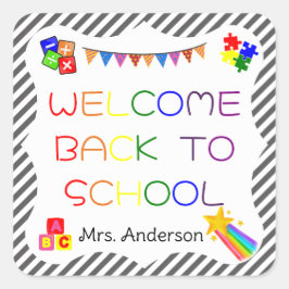 Pegatina Cuadrada Bienvenido de vuelta al colegio, primer día, Pegat