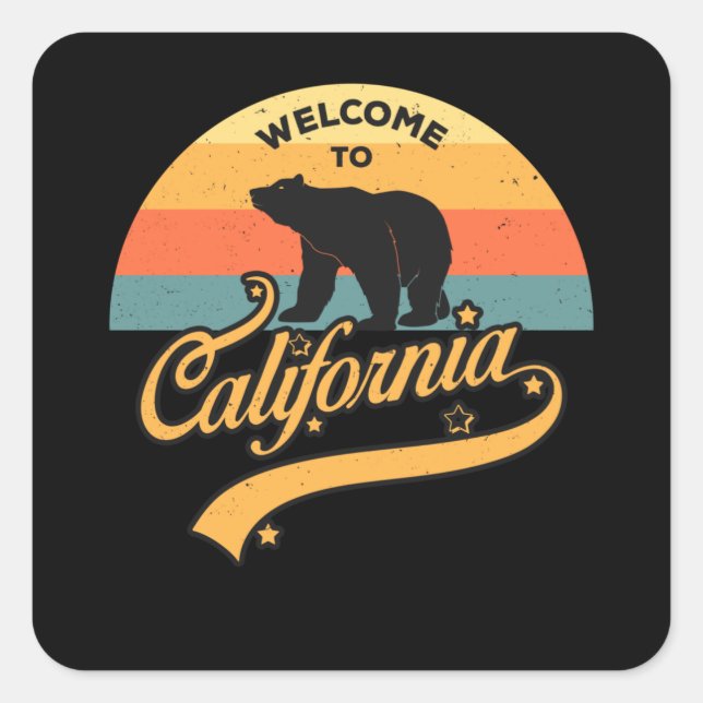 Pegatina Cuadrada Bienvenidos A California Retro Sunset Bear USA Tri (Anverso)