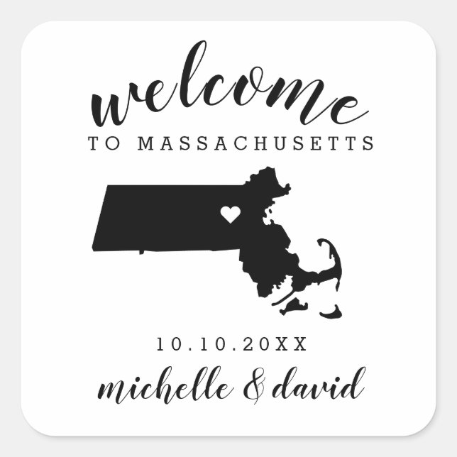 Pegatina Cuadrada Bienvenidos a Massachusetts | Favor de matrimonio  (Anverso)