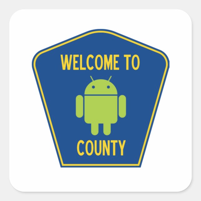 Pegatina Cuadrada Bienvenidos Al Condado De Android (Rótulo Bug Droi (Anverso)